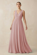 V-Neck Pleated A-Line Chiffon Bridesmaid Dress in Dusty Rose
