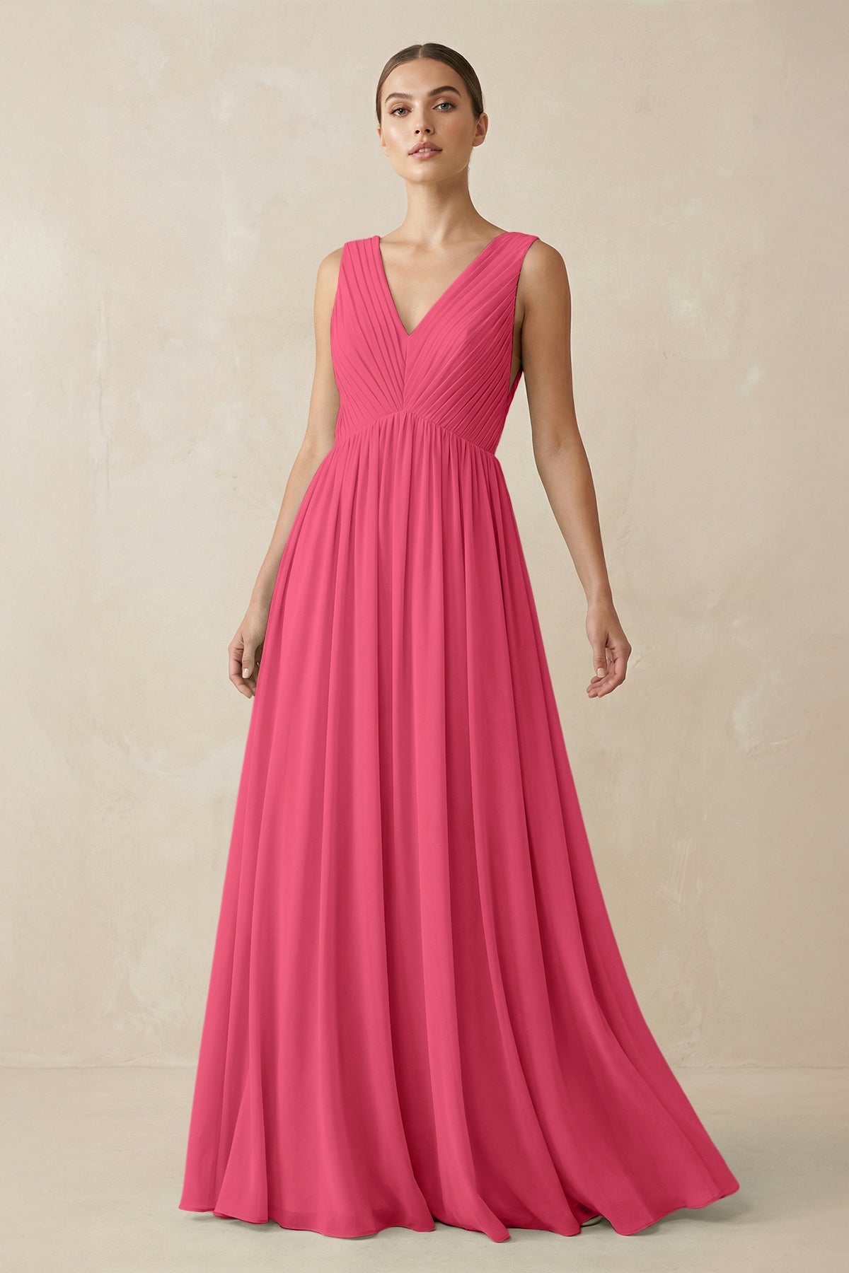 V-Neck Pleated A-Line Chiffon Bridesmaid Dress in Fuchsia
