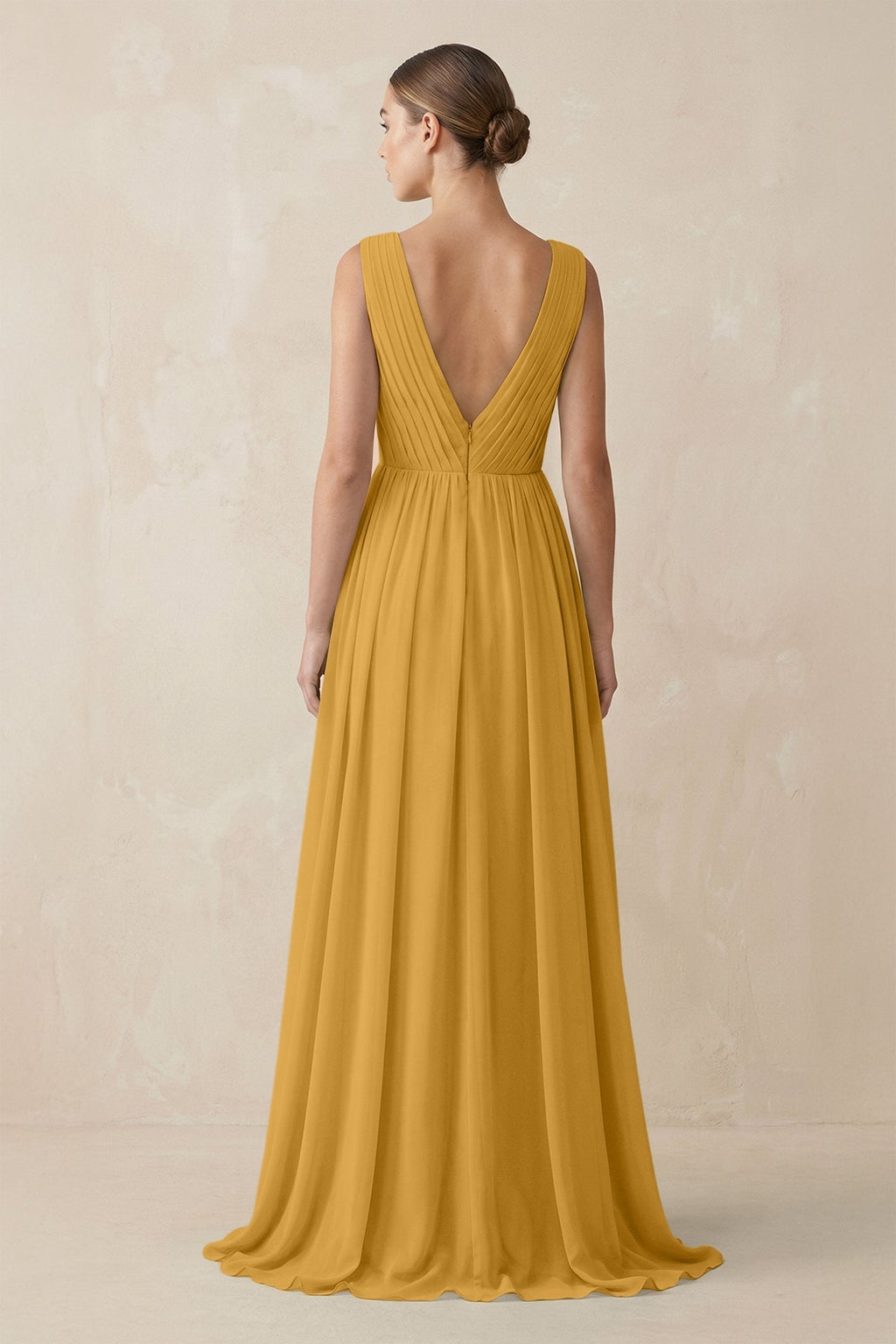 V-Neck Pleated A-Line Chiffon Bridesmaid Dress in Marigold