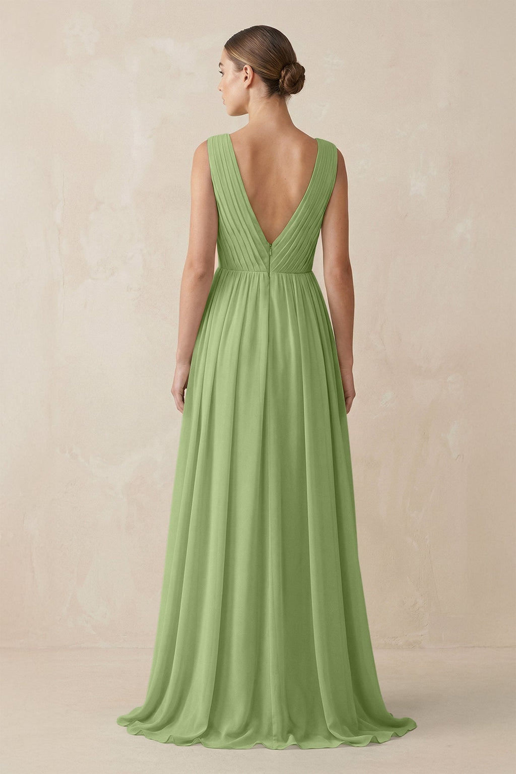 V-Neck Pleated A-Line Chiffon Bridesmaid Dress in Matcha