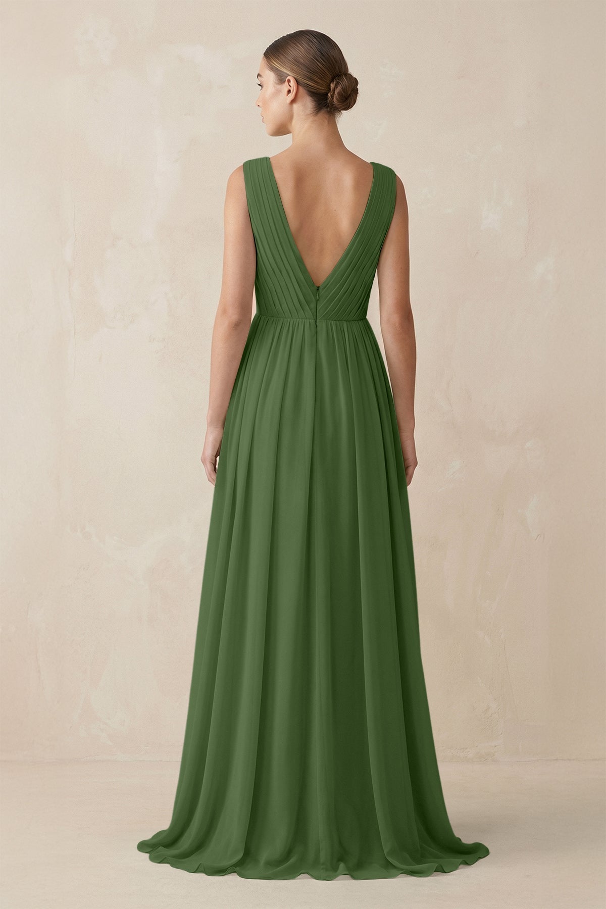 V-Neck Pleated A-Line Chiffon Bridesmaid Dress in Moss