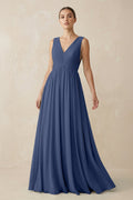 V-Neck Pleated A-Line Chiffon Bridesmaid Dress in Navy