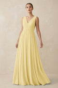 V-Neck Pleated A-Line Chiffon Bridesmaid Dress in Pastel Yellow