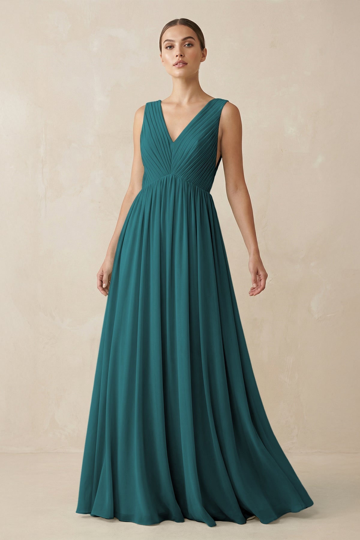 V-Neck Pleated A-Line Chiffon Bridesmaid Dress in Pine