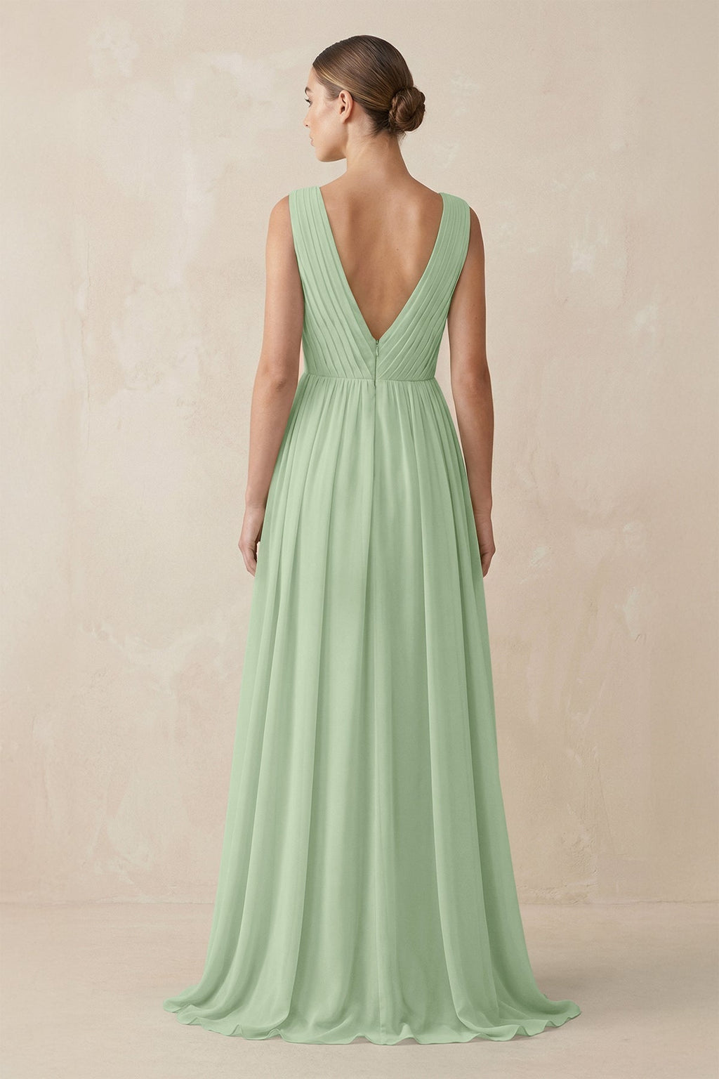 V-Neck Pleated A-Line Chiffon Bridesmaid Dress in Sage