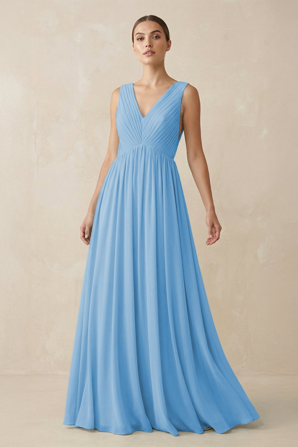 V-Neck Pleated A-Line Chiffon Bridesmaid Dress in Steel Blue