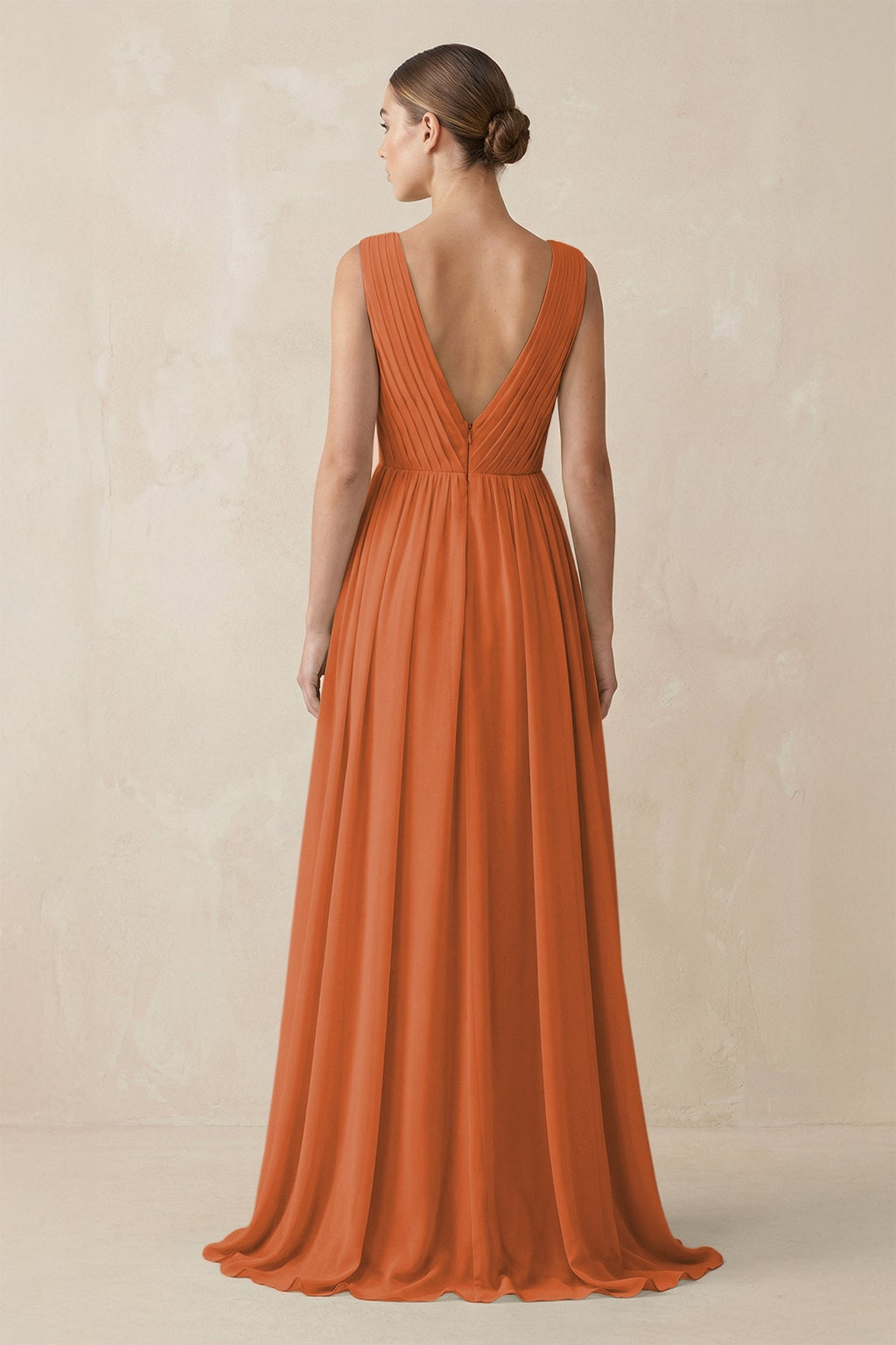 V-Neck Pleated A-Line Chiffon Bridesmaid Dress in Terracotta