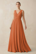 V-Neck Pleated A-Line Chiffon Bridesmaid Dress in Terracotta