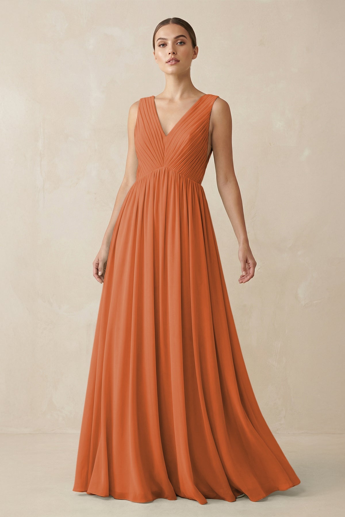 V-Neck Pleated A-Line Chiffon Bridesmaid Dress in Terracotta