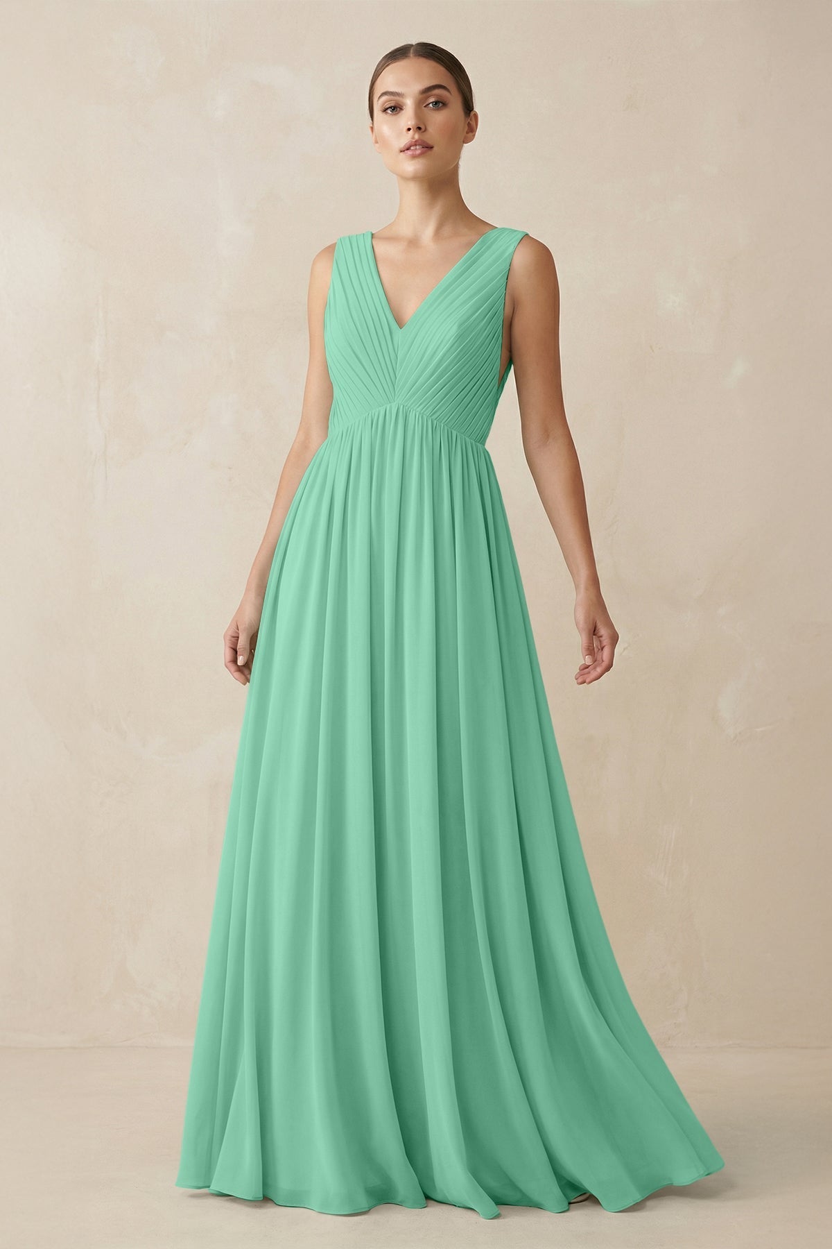 V-Neck Pleated A-Line Chiffon Bridesmaid Dress in Turquoise
