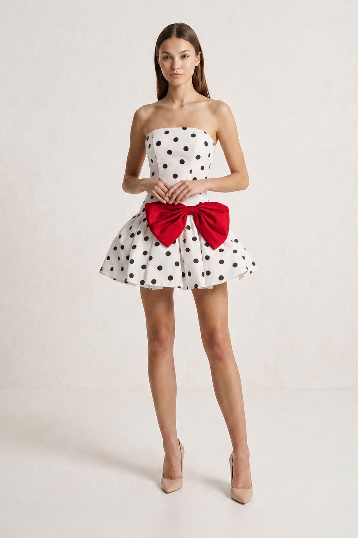 Fuchsia Bowknot A-Line Strapless Polka Dots Satin Homecoming Dress