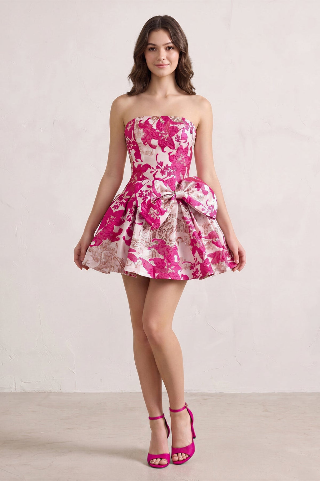 Fuchsia Strapless Jacquard A-Line Homecoming Dress with Bowknot