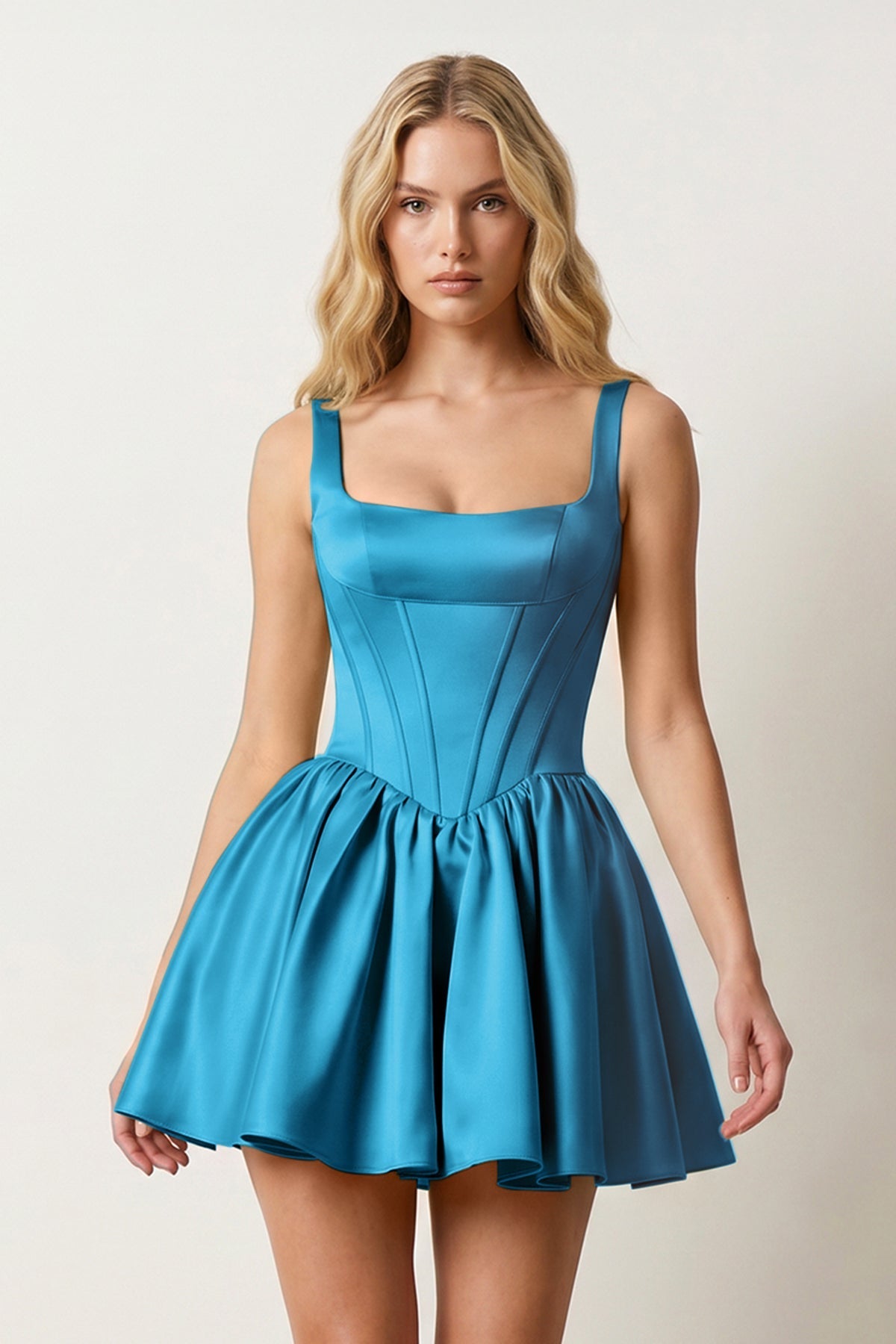 Green Square Neck Satin Ruched A-Line Corset Homecoming Dress