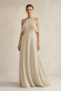 Halter Neck A-Line Chiffon Bridesmaid Dress with Keyhole in Champagne