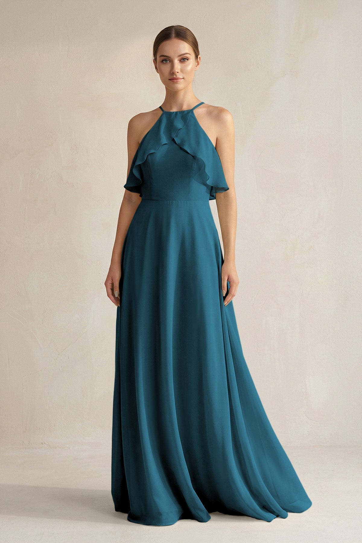 Halter Neck A-Line Chiffon Bridesmaid Dress with Keyhole in Dark Teal