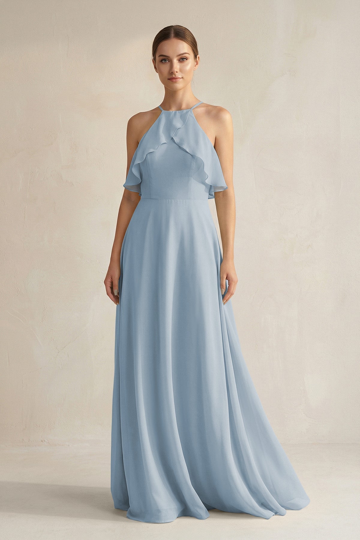 Halter Neck A-Line Chiffon Bridesmaid Dress with Keyhole in Dusty Blue
