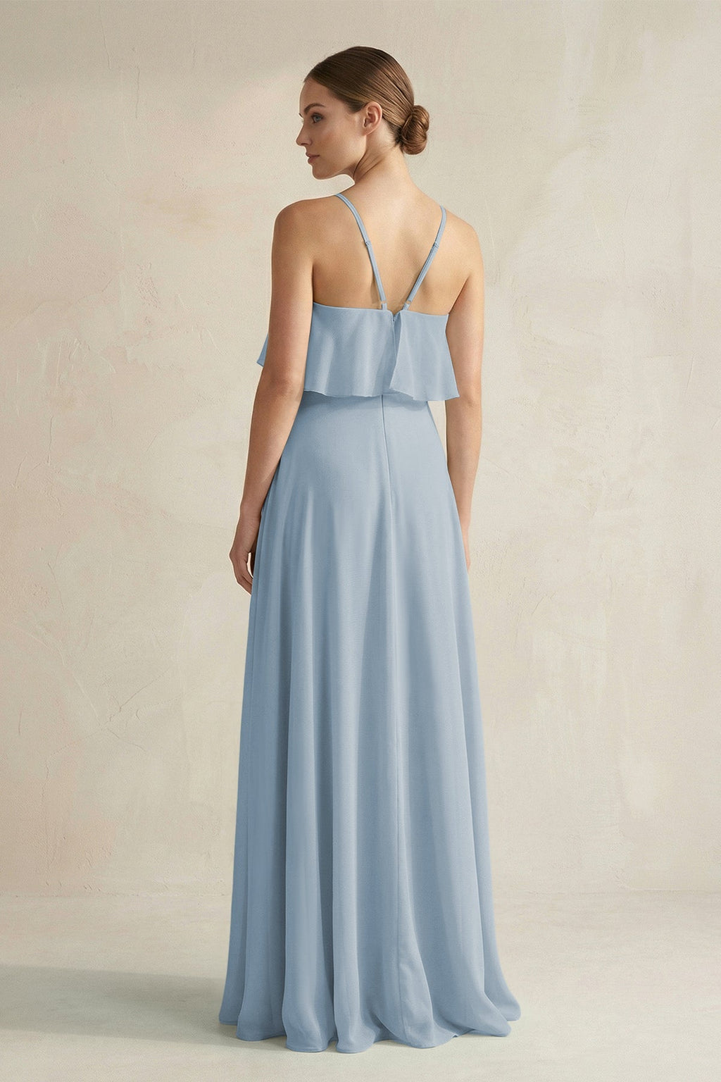 Halter Neck A-Line Chiffon Bridesmaid Dress with Keyhole in Dusty Blue
