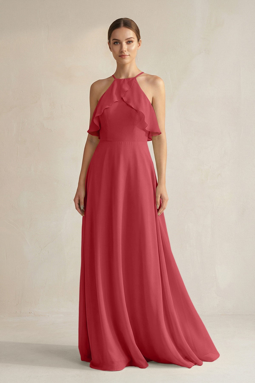 Halter Neck A-Line Chiffon Bridesmaid Dress with Keyhole in Merlot
