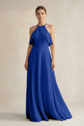 Halter Neck A-Line Chiffon Bridesmaid Dress with Keyhole in Royal Blue