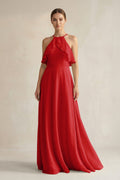 Halter Neck A-Line Chiffon Bridesmaid Dress with Keyhole in Ruby Red