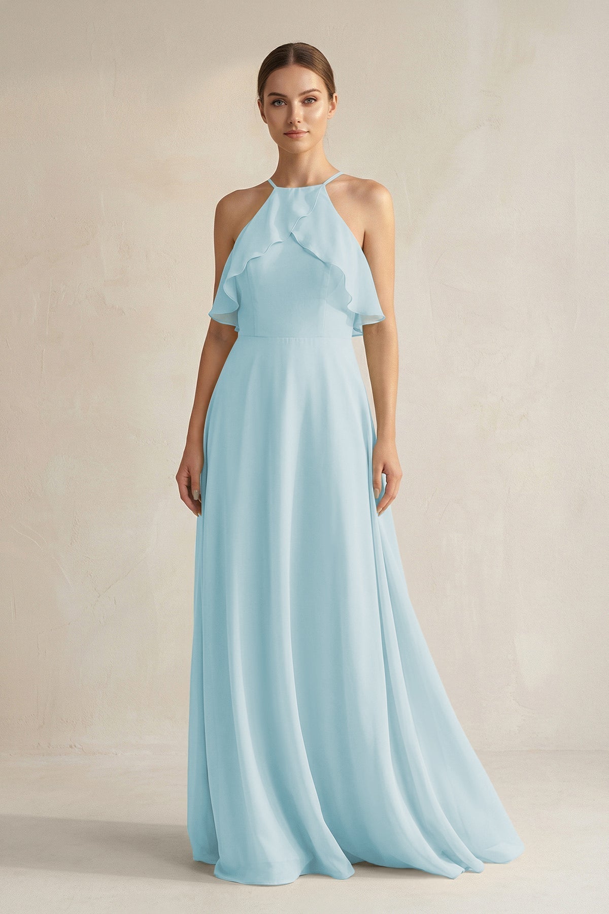 Halter Neck A-Line Chiffon Bridesmaid Dress with Keyhole in Sky Blue