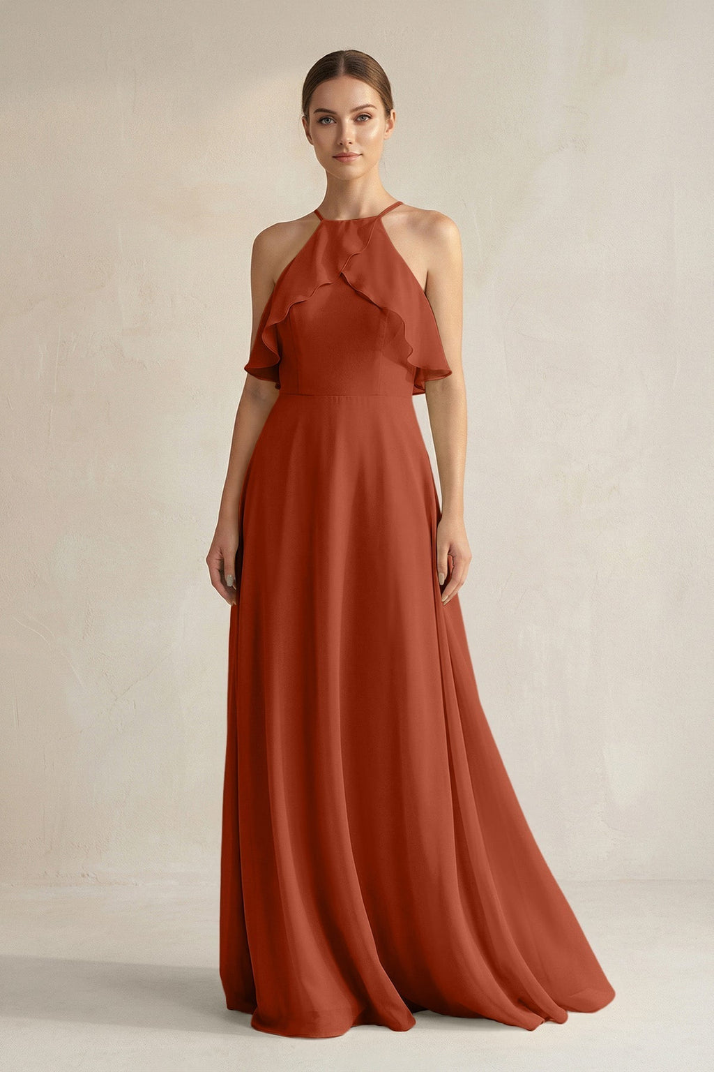 Halter Neck A-Line Chiffon Bridesmaid Dress with Keyhole in Spice