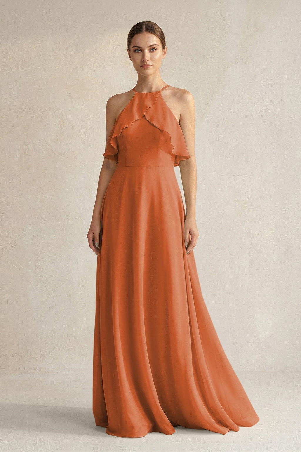 Halter Neck A-Line Chiffon Bridesmaid Dress with Keyhole in Terracotta
