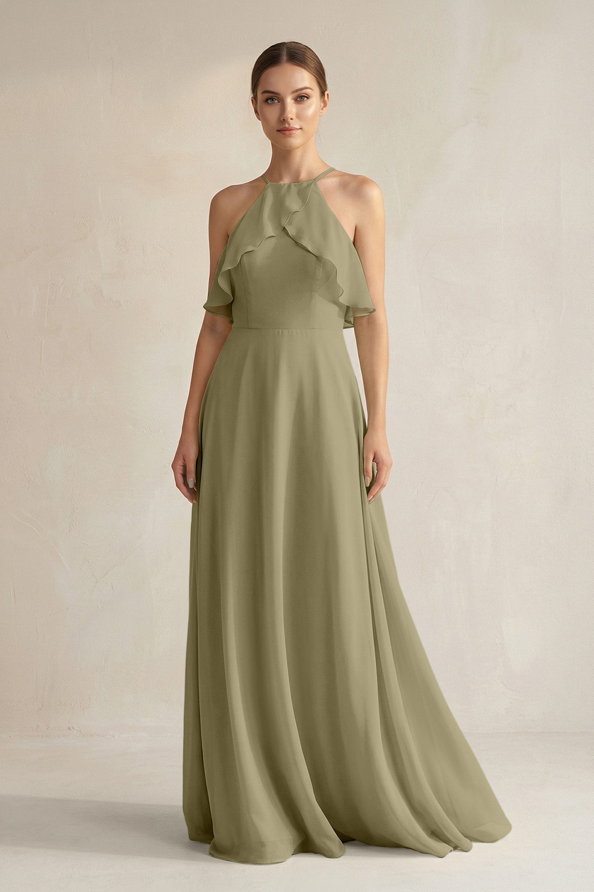 Halter Neck A-Line Chiffon Bridesmaid Dress with Keyhole in Thyme