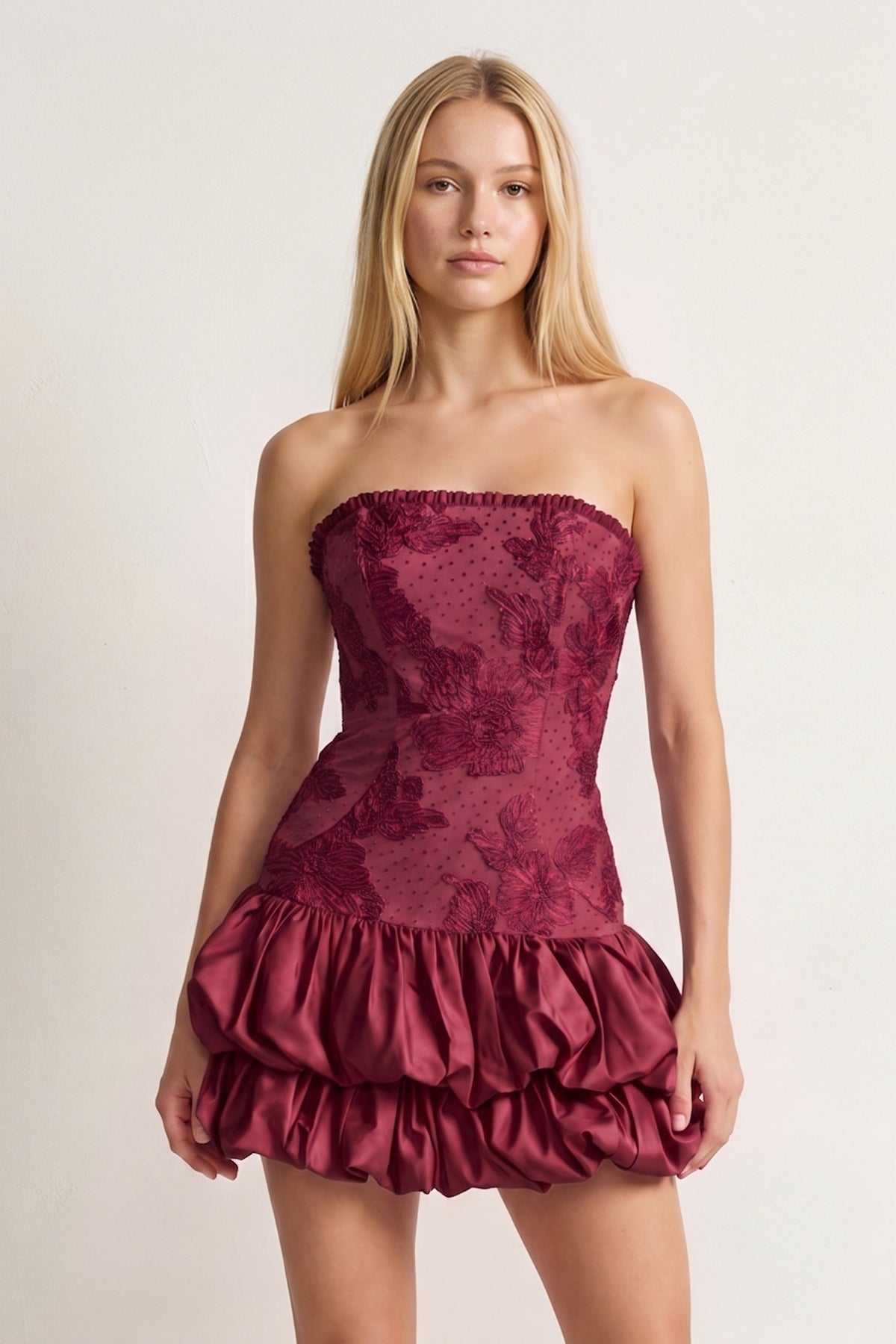 Hot Pink Strapless Embroidered Flower Ruched A-Line Homecoming Dress