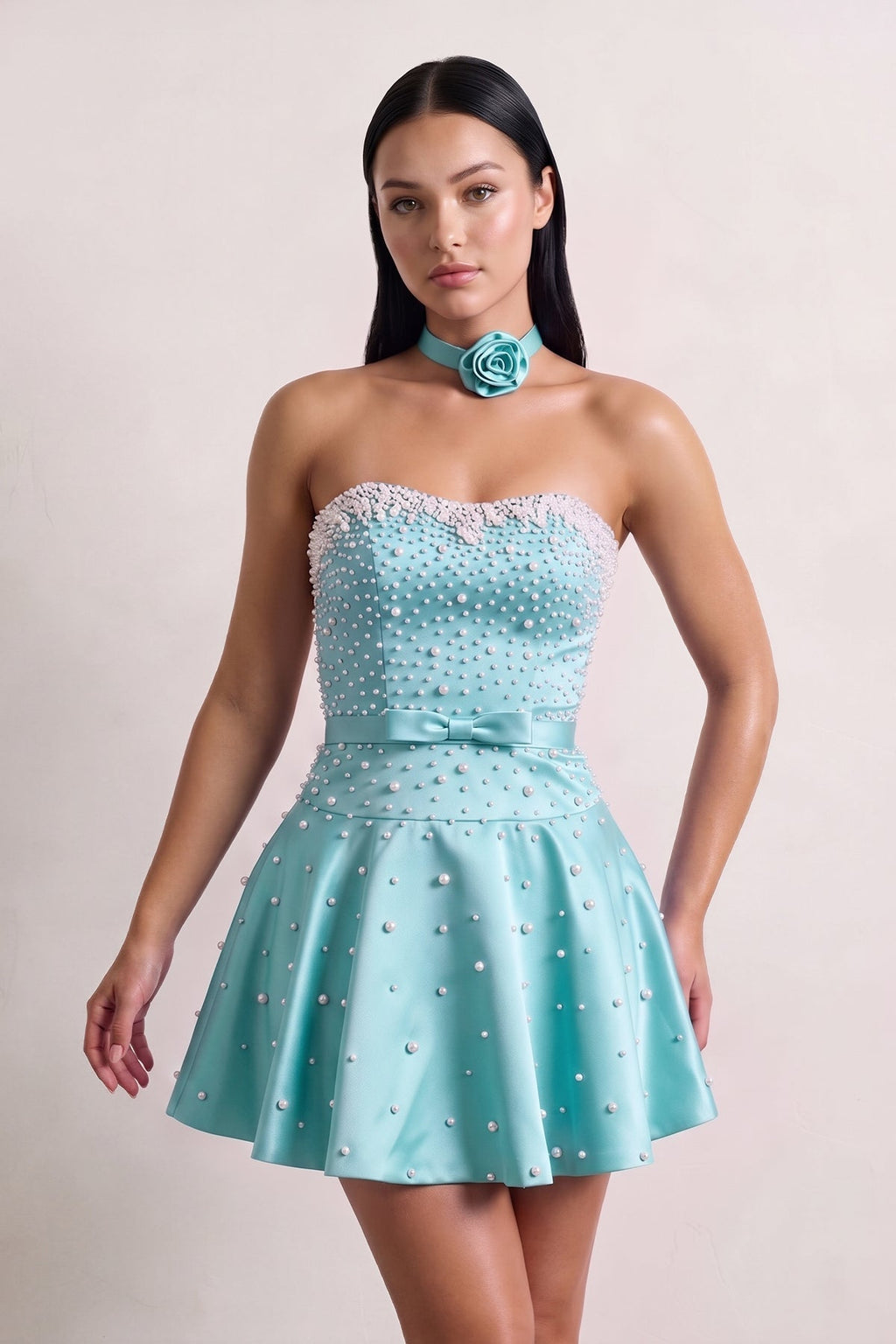 Hot Pink Strapless Pearl A-Line Satin Homecoming Dress With Bowknot