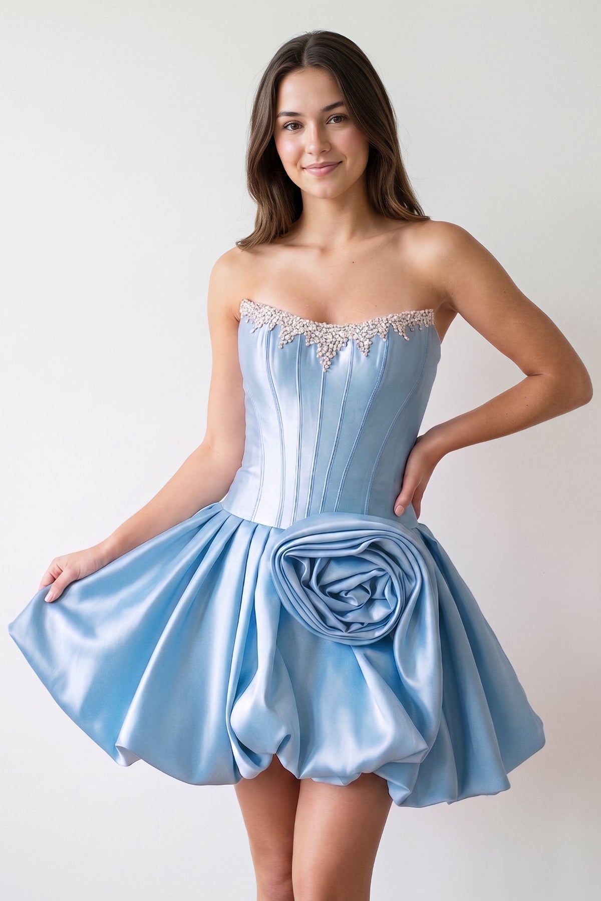 Hot Pink Strapless Satin A-Line Ruched Corset Homecoming Dress with Beading