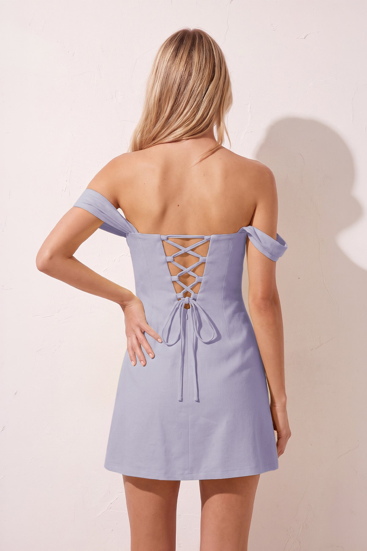 Yellow Off the Shoulder Linen Sheath Homecoming Dress with Lace Up Back