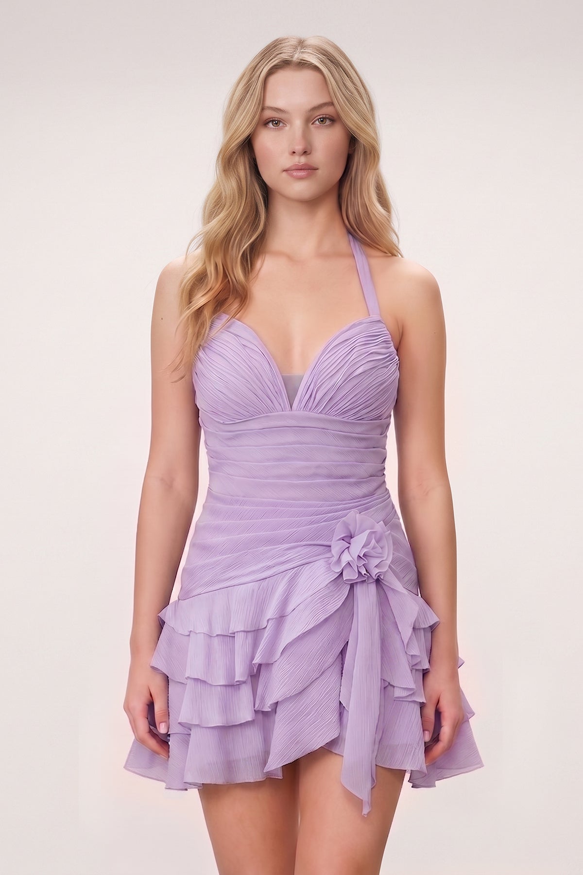 Brown Organza Halter A-Line Pleated Ruffled Homecoming Dress