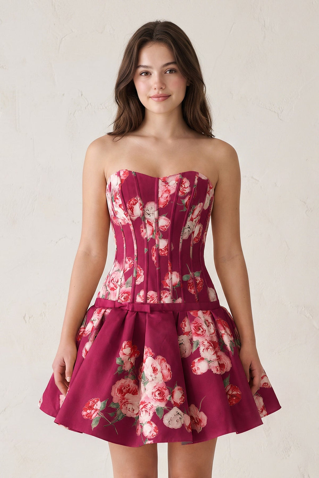 Lemon Sweetheart A-Line Floral Printed Satin Corset Homecoming Dress