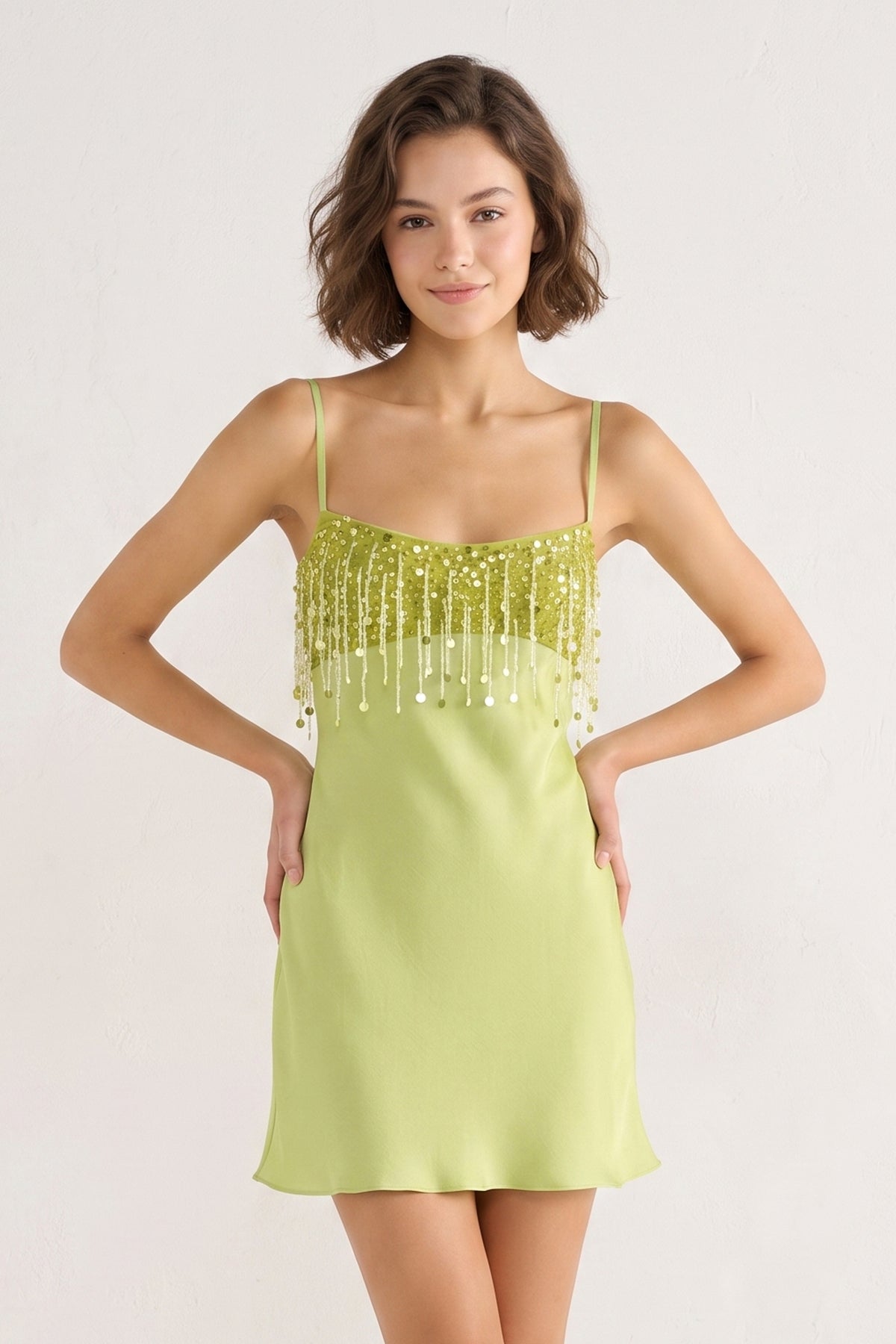 Lime Green Sheath Fringed Satin Homecoming Dress With Sequins
