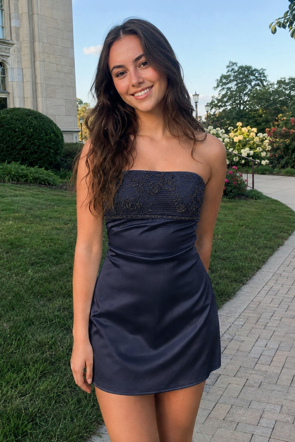 Aqua Strapless Appliqued Satin Sheath Homecoming Dress