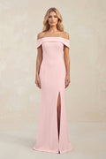 Sheath Off-the-Shoulder Satin Bridesmaid Dress With Slit in Rose Petal