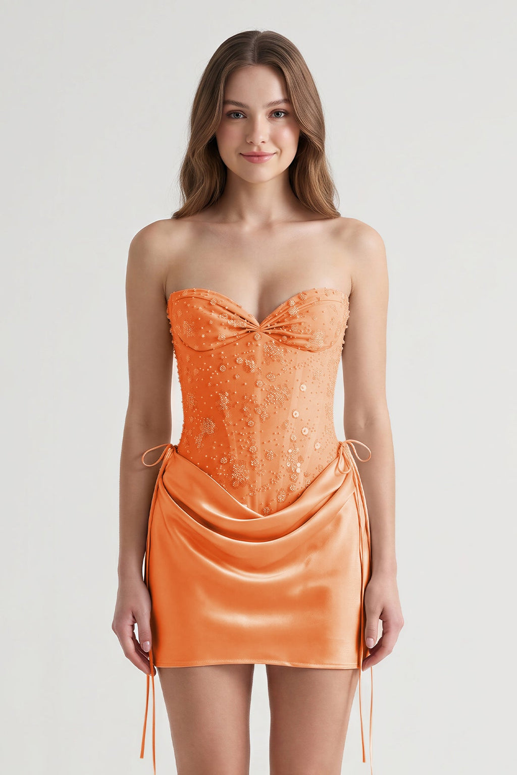 Pink Sweetheart Sheath Corset Ruched Satin Homecoming Dress with Beading