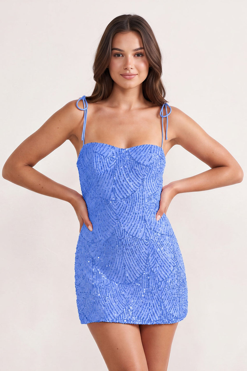 Pink Sparkly Sequin Sheath Bow Spaghetti Straps Homecoming Dress