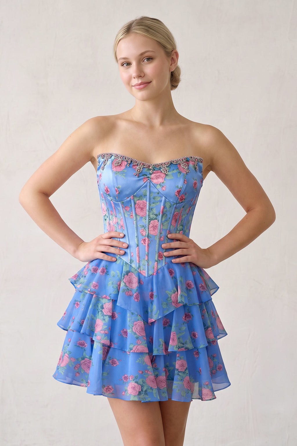 Pink Strapless A-Line Floral Corset Homecoming Dress
