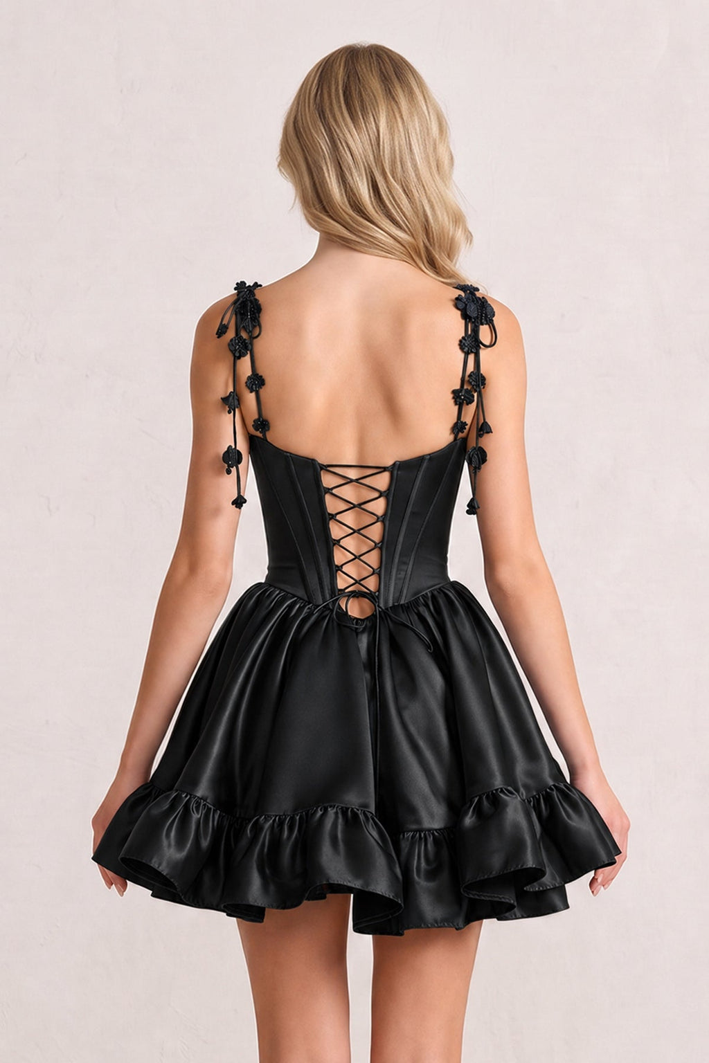 Pink 3D Flower Spaghetti Straps Ruffled A-Line Satin Corset Homecoming Dress
