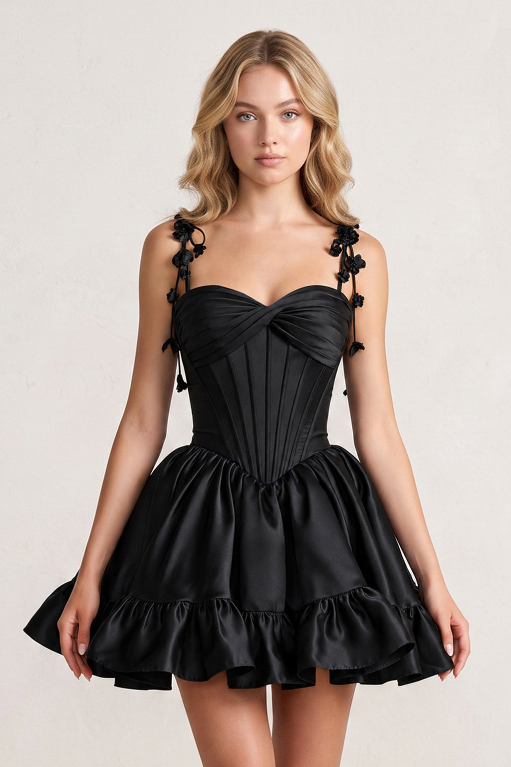 Pink 3D Flower Spaghetti Straps Ruffled A-Line Satin Corset Homecoming Dress