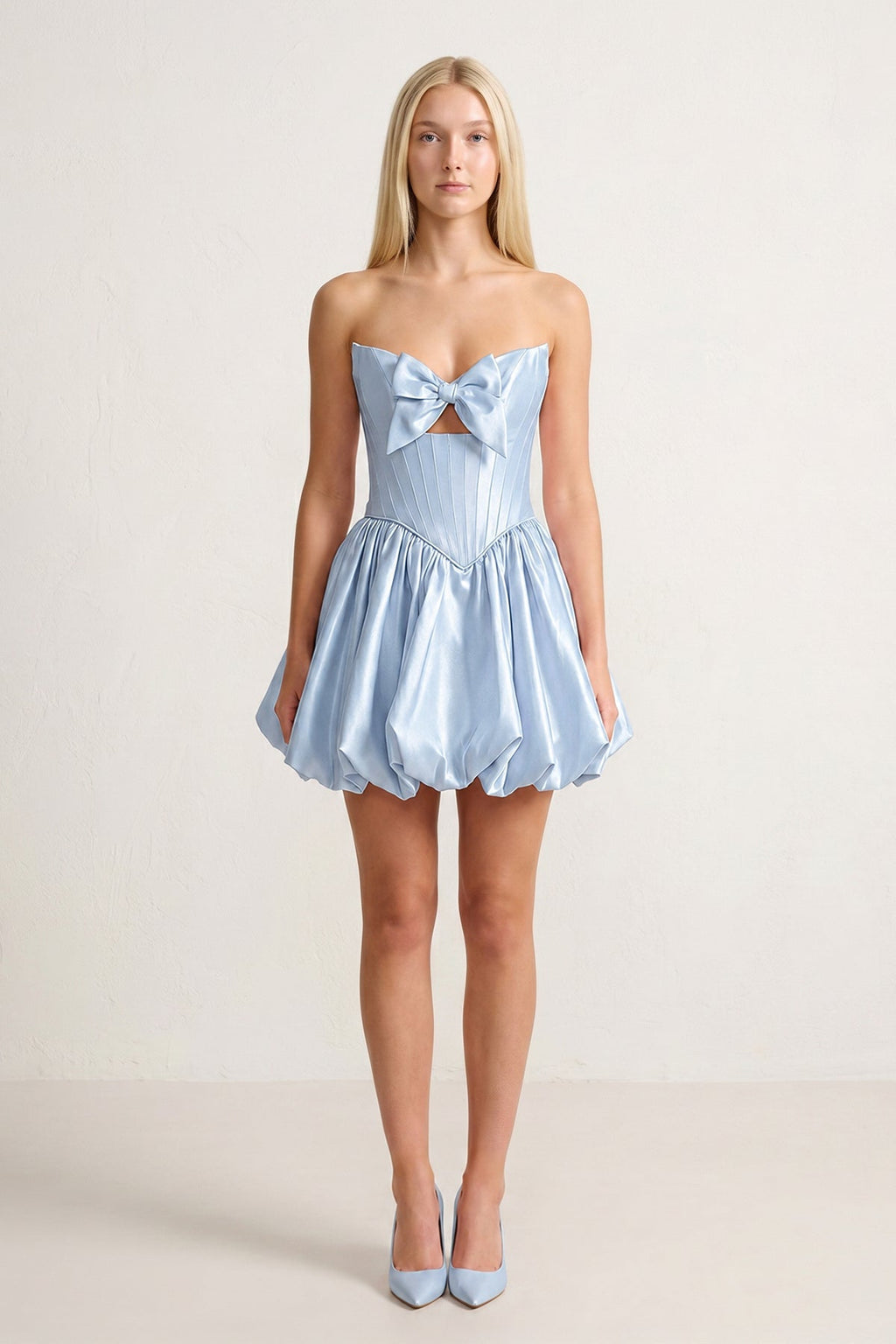 Pink Bowknot Sweetheart Bubble Hem A-Line Satin Homecoming Dress