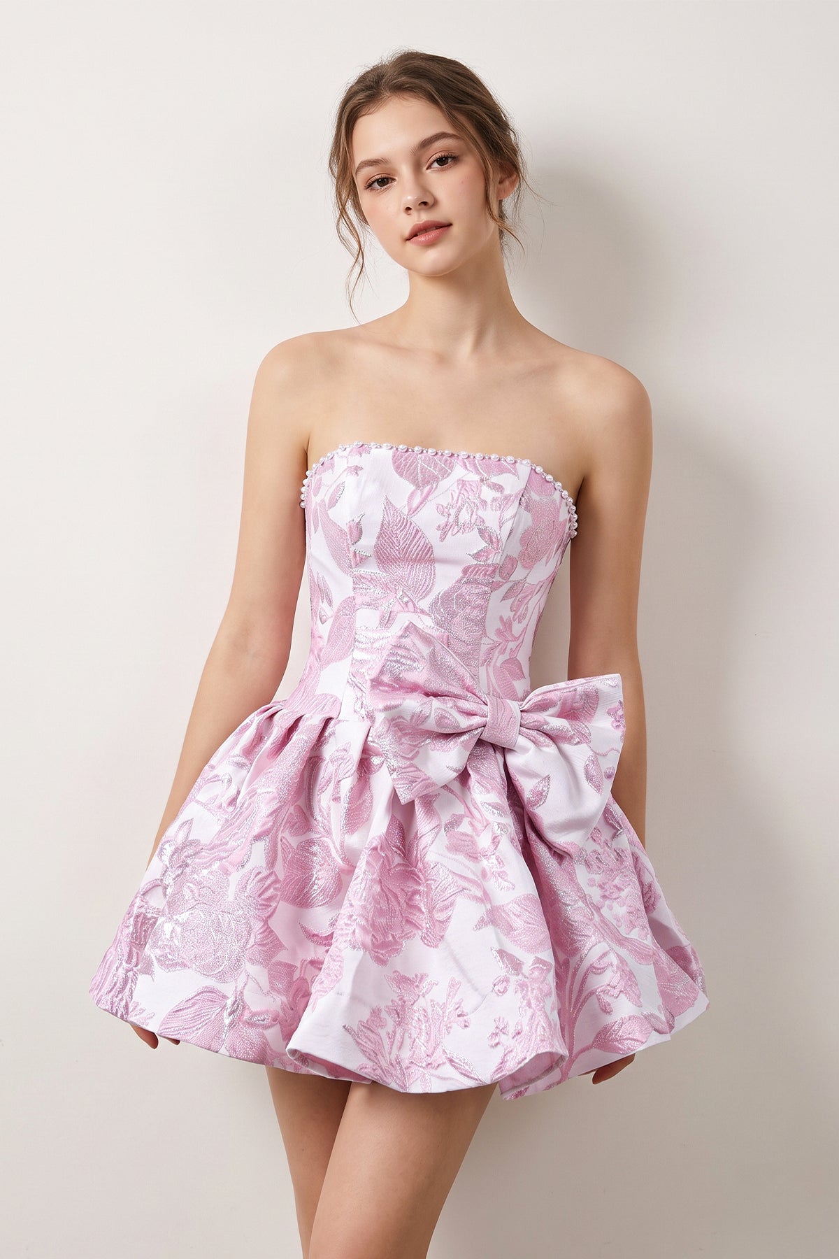 Blue Flower Jacquard Strapless A-Line Bowknot Homecoming Dress With Pearl