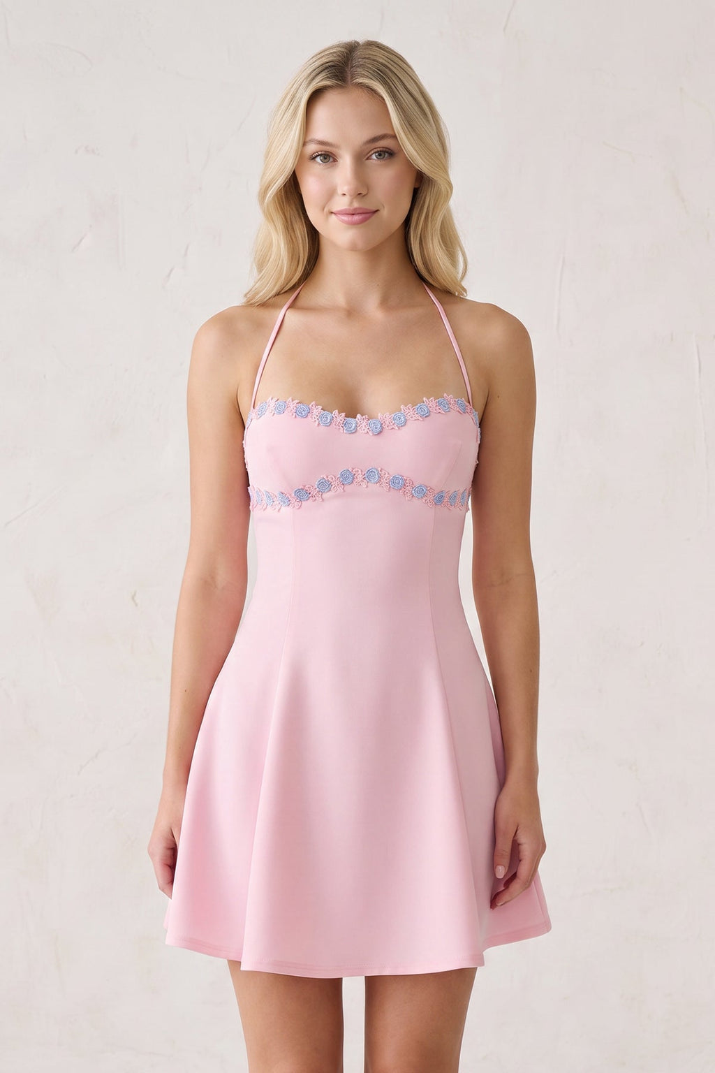 Pink Halter A-Line Embroidery Satin Short Homecoming Dress