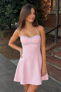 Pink Halter A-Line Embroidery Satin Short Homecoming Dress