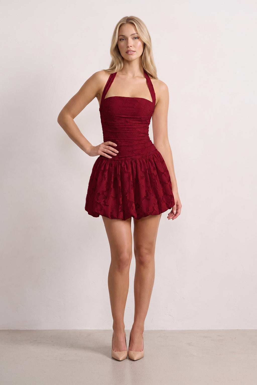 Pink Halter Jacquard Chiffon A-Line Homecoming Dress