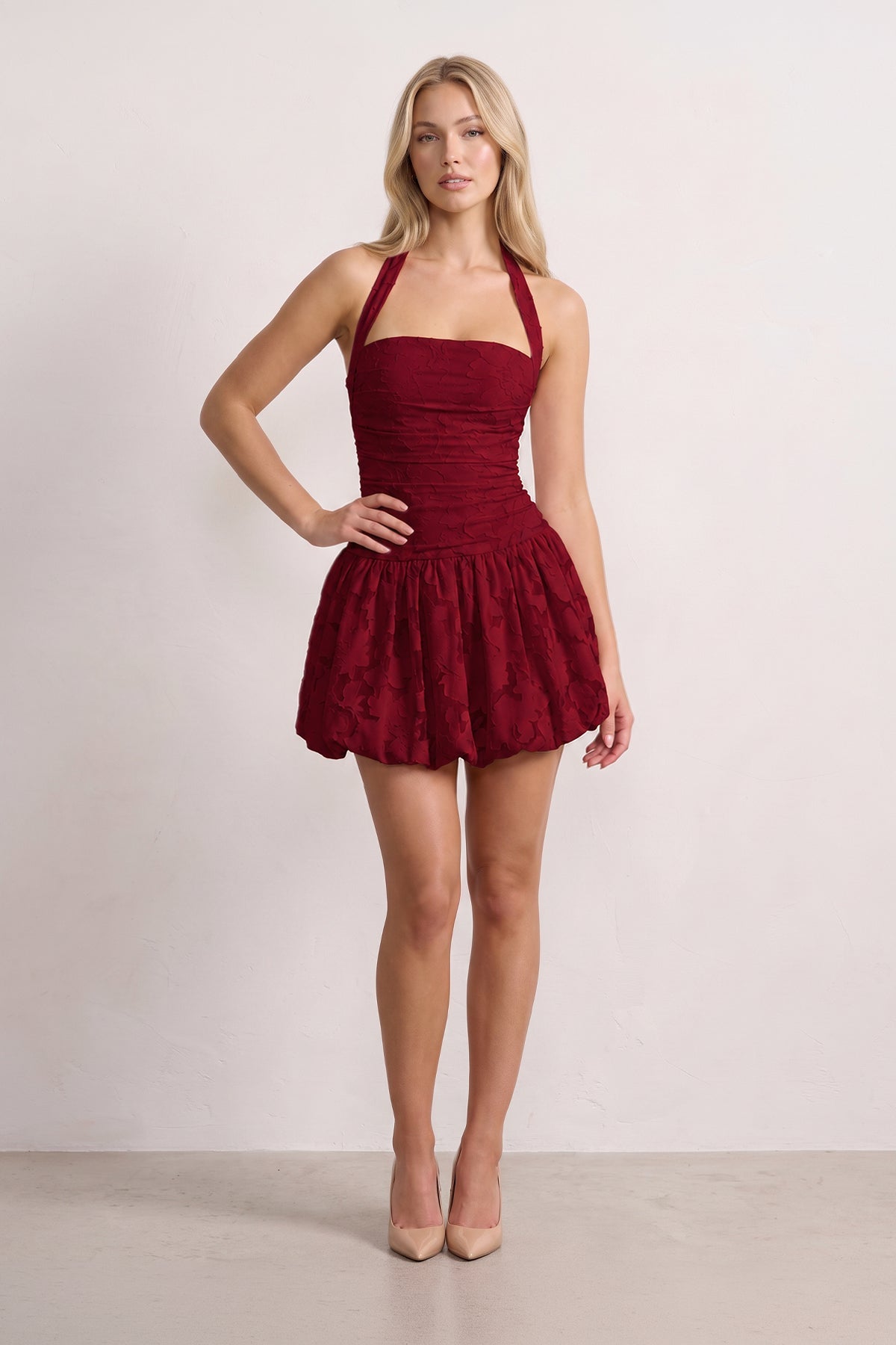 Pink Halter Jacquard Chiffon A-Line Homecoming Dress