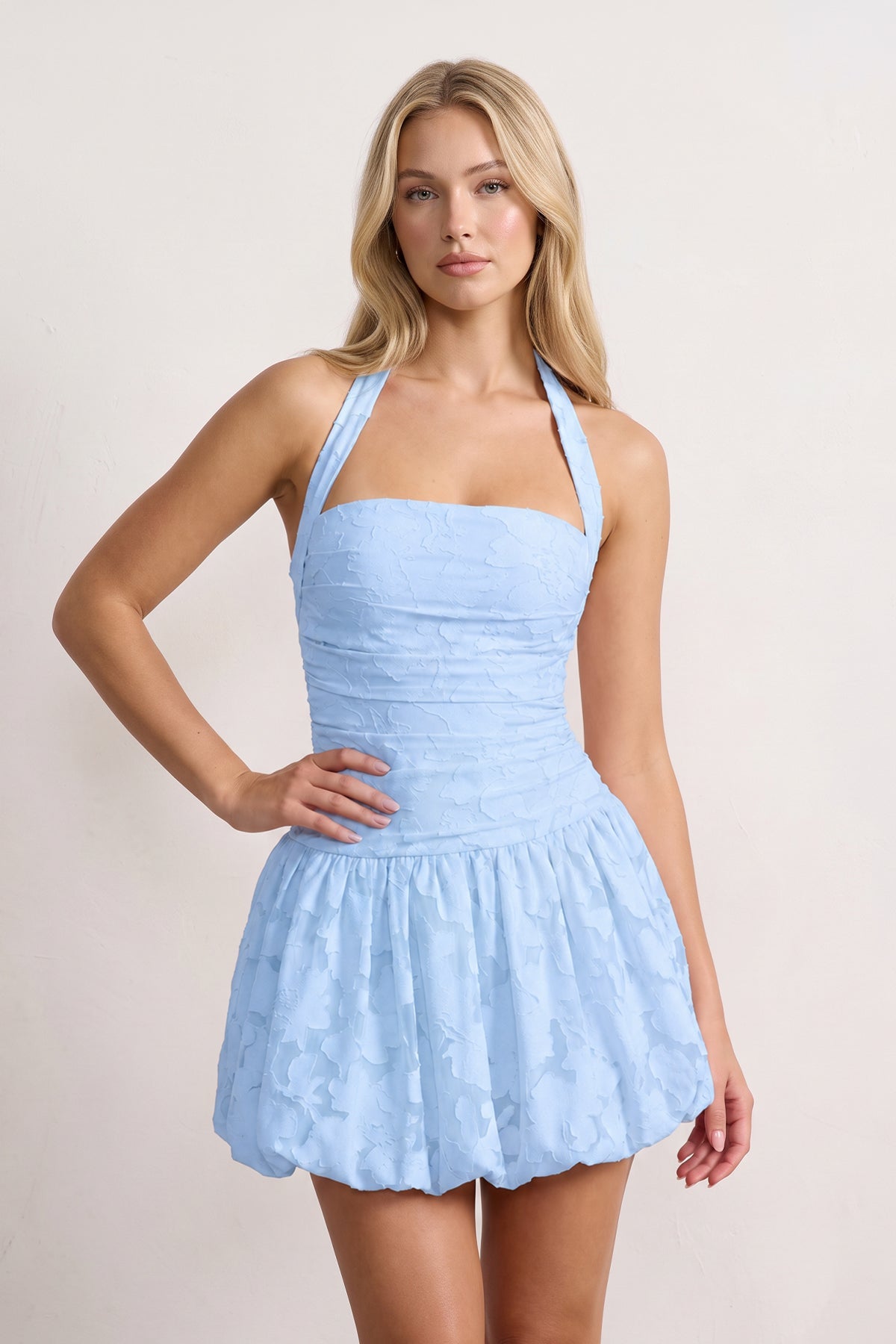 Pink Halter Jacquard Chiffon A-Line Homecoming Dress