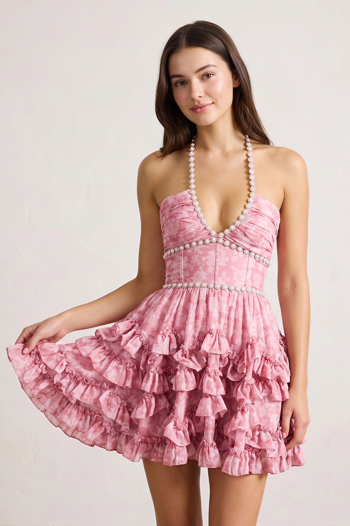 Pink Halter Pearl Floral Printed Chiffon A-Line Ruffled Homecoming Dress